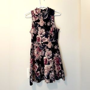 floral skater dress with mid collar and keyhole in back